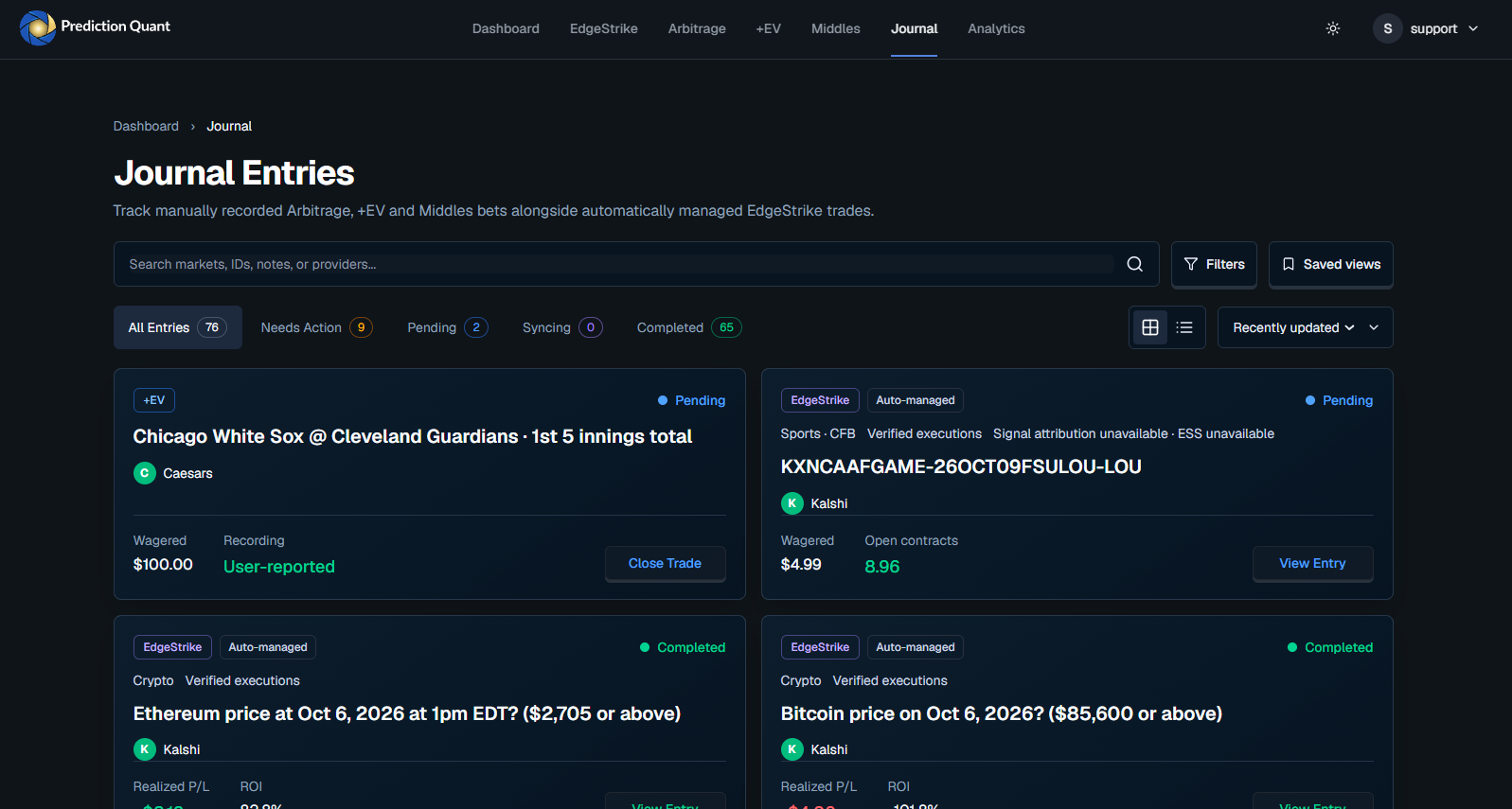 Trade Journal — current journal entries and trade statuses